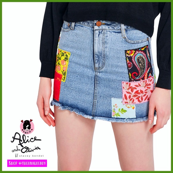 Alice + Olivia Patchwork Good High Rise Floral Denim Jeans Mini Skirt - Picture 4 of 16